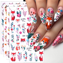 4pcs Cartoon Fox Nail Art Stickers Cute Fox Leaf Flower Nail Decals 3D Autumn Leaf Thanksgiving DIY Nail Adhesive Sticker Slider Fall Animal Leaves Pumpkin Design Charms Manicure Decoration for Women