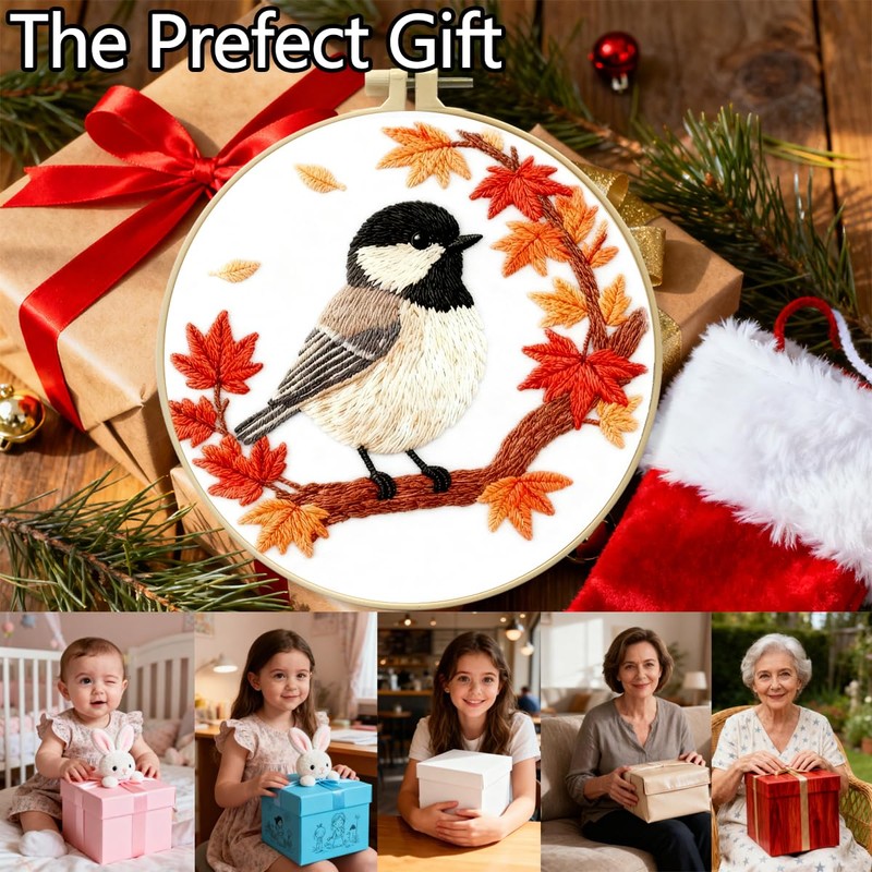 Zhenqing Black-Capped Chickadee Embroidery Kit for Beginners, Autumn Bird Needlework