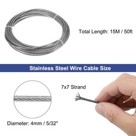 uxcell 5/32"(4mm) 304 Stainless Steel Cable Wire Rope 7 x 7 Strands Core 50ft (15m) PVC Coated Aircraft Wire for Construction Outdoors Marine Rigging Decking Railings