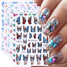6 Sheets Butterfly Nail Decals for Nail Art 3D Self-Adhesive Spring Flower Nail Stickers Blue Floral Butterfly Bow Nail Art Stickers Cherry Frog Nails Design Decals for Women Manicure Decoration