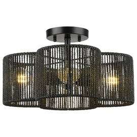 Audickic Rattan Light Fixtures Ceiling Mount, 4-Light 14" Boho Semi Flush Mount Ceiling Light with Hand-Woven Shade in Quatrefoil Shape for Kitchen Nursery Bedroom Hallway, Black, AD-22007-4SF-RA-BK