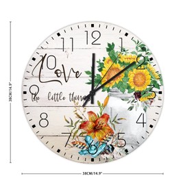 15" Minimalist Wood Clock Love The Little Things Watercolor Floral in Mason Jar Wall Decor for Kitchen Country Colorful Flowers Wall Clocks Round Wooden Wall Clock Rustic for Gym Fitness Room