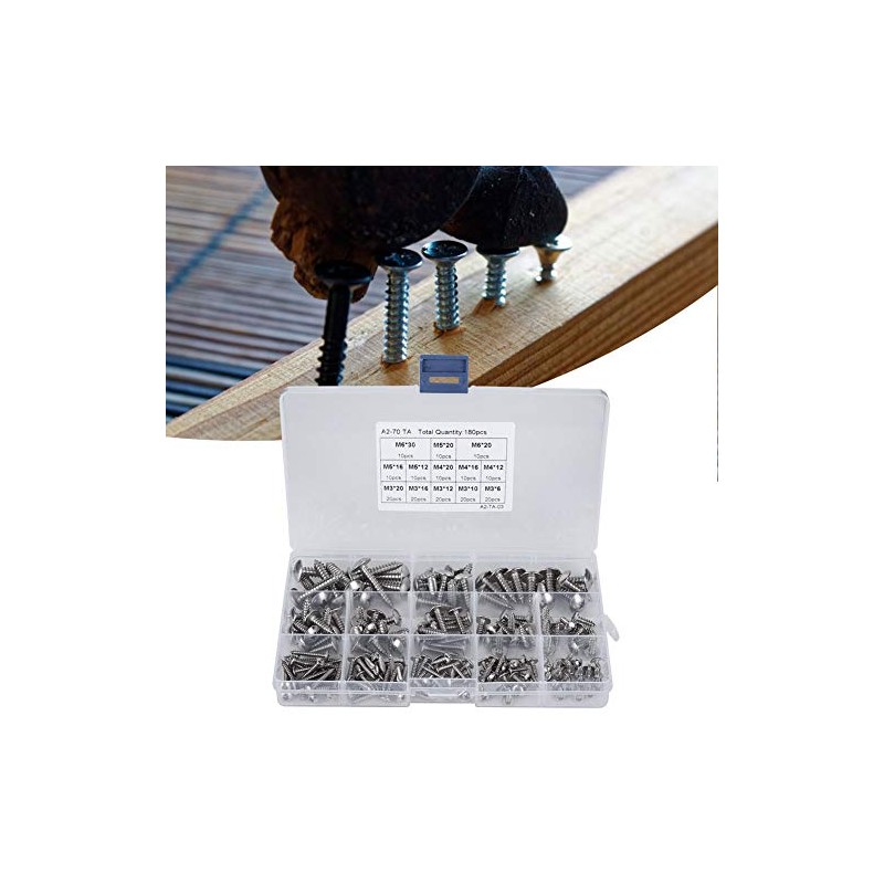 180 Pieces M3 M4 M5 M6 Stainless Steel Flat Head