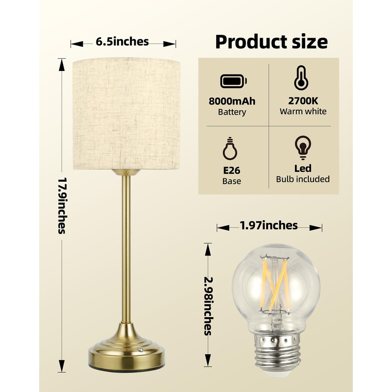 Cordless Table Lamp, 8000mAh, Dimmable, Ambient Light, 2700K, Touch Control,