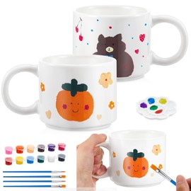 Geiserailie Set of 2 Cups Painting Set Paintable Cups Painting Set Cup for Painting Ceramic Painting Set with 2 DIY Cups Painting and 12 Colours Funny Gift for Easter Birthday (Normal Style)