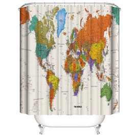 LIVETTY World Map Bathroom Shower Curtains Fabric Shower Curtain Waterproof Curtains for Bathroom Quick-Drying Kitchen Curtains Machine Washable with 12 Hooks-Multi-Color 180CM*180CM-World Map