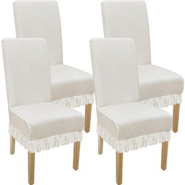 Velvet Dining Room Chair Cover Stretch Thicker Dining Chair Covers Set of 4, Removable & Soft Velvet Kitchen Chairs Covers Washable Parsons Chairs Slipcover for Kitchen Room (Beige, with Skirt, 4PCS)