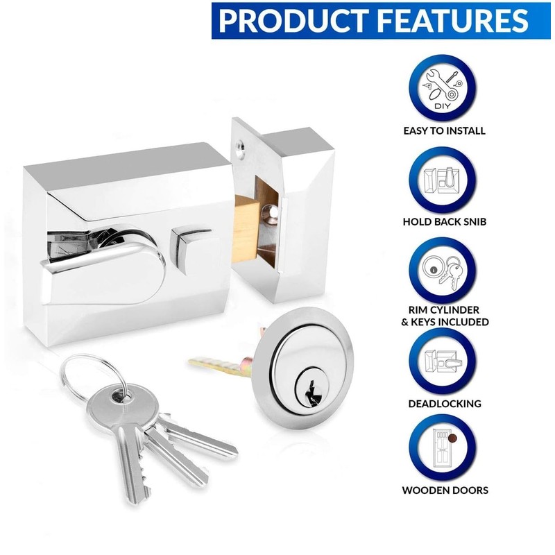 Narrow Deadlocking Night Latch 40mm, Complete with Rim Cylinder and