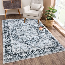 Bloom Rugs Caria Washable Non-Slip 5x7 Rug - Denim Blue Traditional Area Rug for Living Room, Bedroom, Dining Room, and Kitchen - Exact Size: 5' x 7'
