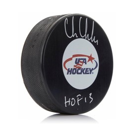 Chris Chelios Autographed USA Puck with HOF Note