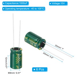 PATIKIL 10V 1000uF Electrolytic Capacitors, 6Pcs 8x12mm Aluminum High Frequency Electrolytic Capacitors for TV, LCD Monitor, Refrigerator, Circuit Boards, Green