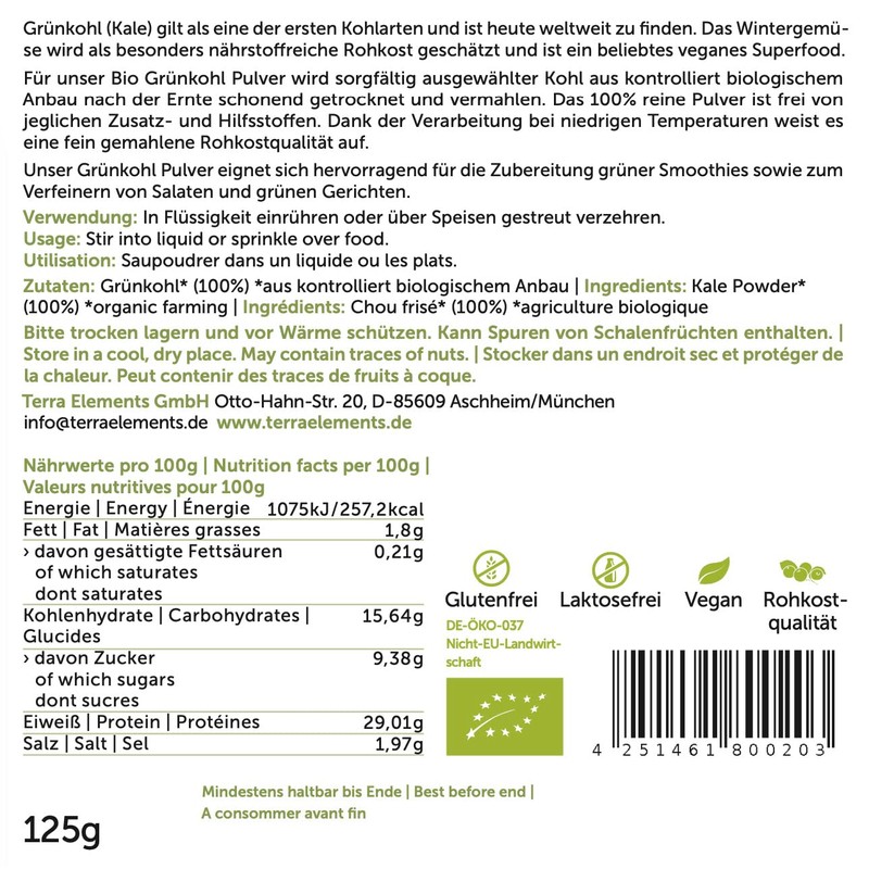 Terra Elements Organic Kale Powder 125 g I Kale I
