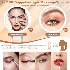 Moorstdel Kosmetikspiegel mit Beleuchtung, 1X/10X Vergrößerungsspiegel mit Licht, Schminkspiegel Doppelseitige mit 3 Farbigem, Vergrößerungsspiegel Dimmbarer LED, Faltbarer Kosmetikspiegel, Weiß