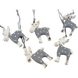 GURU SHOP Carved Reindeer, Tree Decorations, Set of 5, Grey, Wood, 5.5 x 4 x 0.5 cm, Christmas Decoration