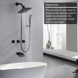 FSCEPIXI 3 Handles Shower Faucet Set with Waterfall Tub Spout,Rain Shower Head with Handheld Spray Combo Set,Dual 2 in 1 Shower System,Matte Black