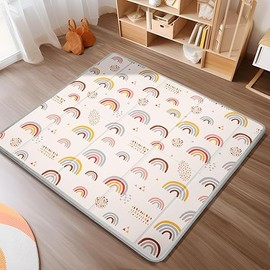Foldable Baby Play Mat, PIGLOG 50x50 Playpen Mat, Safe Foam Playmat for Tummy Time, Waterproof Playmats for Babies and Toddlers Kids, Reversible Portable Baby Floor Mat for Infant, Rainbow Rain