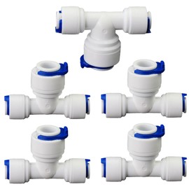 Water purifier adapter, 1/4 * 3/8 * 1/4 "FPT pipe hard plug quick tee, T-shaped tee quick push plastic pipe joint, suitable for reverse osmosis filtration RODI water purifier system 5pcs