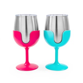 Camco Life is Better at The Campsite Wine Tumbler | Heavy Duty Double Wall Vacuum Insulation | Crafted of 18/8 Stainless Steel | Features Removable Blue & Pink Stems | 2-Pk, 8-oz/Each (51915)