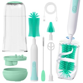 Portable Electric Baby Bottle Brush, Rechargeable Travel Baby Bottle Cleaner Kit with Silicone Nipple & Straw Brush, Drying Rack, Storage Box(Green)
