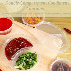 Hfpengzan 20Pcs Double Compartment Condiment Container with Lid, 5oz Portable Reusable Plastic Double Compartment Snack Containers for To-Go Sauce, Sampling, Travel Snack