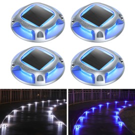 AGPTEK Solar Driveway Lights Outdoor 4 Pack, 2 Color Modes LED Deck Dock Marine Waterproof Security Marker Lights for Step Sidewalk Stair Garden Pathway Walkway Yard(Blue Light/Cool White)