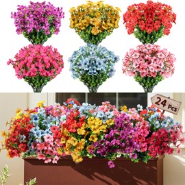 Artificial Flowers for Outdoors, Fake Flowers Faux Plants Greenery Decor for Outdoor Hanging Planters Porch Patio Yard Garden Wedding Farmhouse Home Decor, UV Resistant Realistic Multicolor 24 Bundles