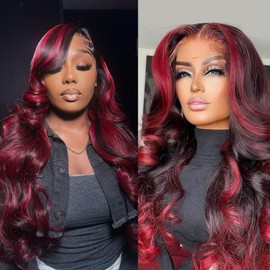 Enaiiby 1b 99j Lace Front Wigs Human Hair 13x6 HD Body Wave Lace Front Wigs Human Hair Pre-Plucked Pre-Cut 180% Density Lace Front Wigs Human Hair with Baby Hair For Black Women 28 Inch