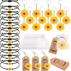48 Pcs Sunflower Party Favors Set Sunflower Keychains Adjustable Bracelets Organza Bags and Thank You Kraft Tag Decor for Birthday Bridal Shower Wedding Return Gift