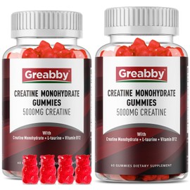 GREABBY Creatine Monohydrate Gummies - 5g Creatine Monohydrate with L-Taurine, B12, Mixed Berry Flavor, 120 Count