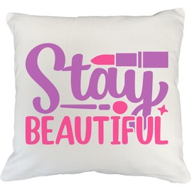 Girly Stay Beautiful w/Lipstick Design - Beauty Themed Merch for Makeup Artist or Cosmetologist, Gift for Makeup Lovers, Pillow Cover, White 18X18 in