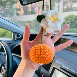 Car Rear View Mirror Hanging Accessory, Cute Tangerines Car Accessories, Crochet Car Decor, Hand Knitted Car Mirror Hanger for Holiday Gifts