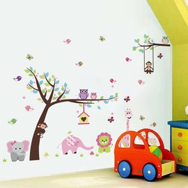 Runtoo Jungle Wall Sticker Monkey Elephant Tree Forest Animals Wall Sticker Nursery Baby Room