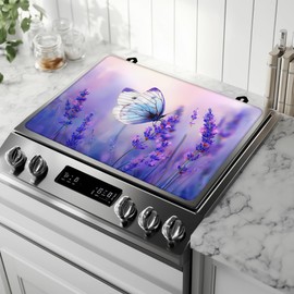 Stove Top Covers for Electric Stove,Purple Lavender Butterfly Heat Resistant Glass Cooktop Cover Protector for Kitchen Ceramic Countertop Dish Drying Mats 28.5'' x 20.5''