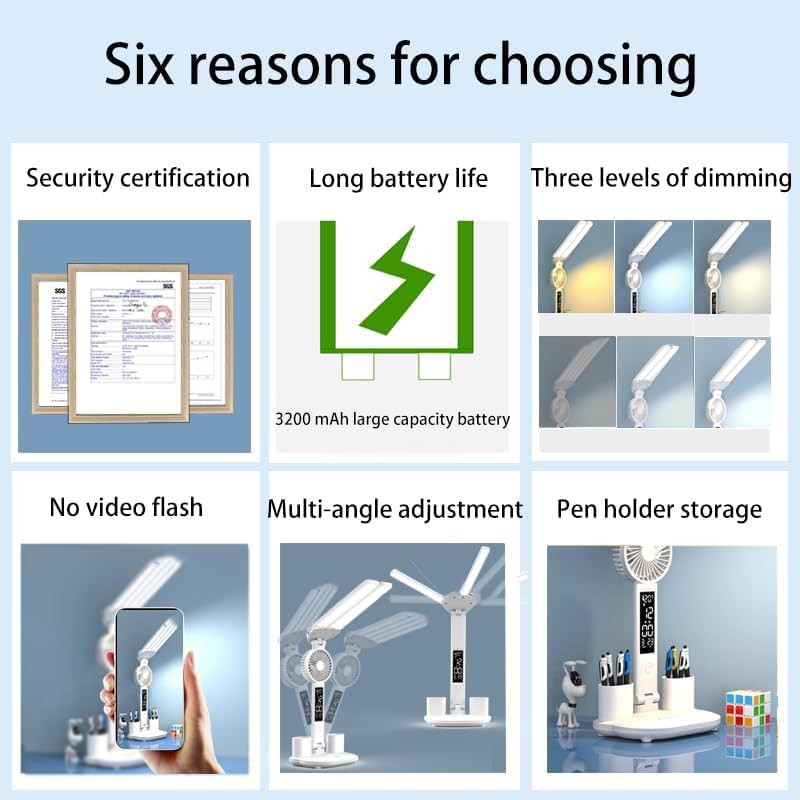 LED Desk Lamp Light with 2 Pen Holders, Time, Date,