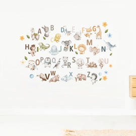 Kids Alphabet Wall Decals – Removable Die-Cut Letters with Animals & Transports – Reusable Peel & Stick PVC-Free Fabric for DIY Nursery Decor (Animal Watercolor)