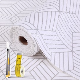 Shelf Liners for Kitchen Cabinets 12in x 10FT, Non Adhesive Cabinet Liner Strong Non-Slip Thickened Silver Geometric Easy to Clean for Shelf, Cabinet, Refrigerator with Knife and Tape Measure