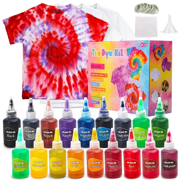 Meland Tie Dye Kit with 3 White T-Shirts, 18 Colors DIY Fabric Tye Dye for Clothes, Arts and Craft for Kids Girls Age 8-12 Year Old, Birthday Christmas Gift for Girls 4,5,6,7,8,9,10,11,12 Year Old