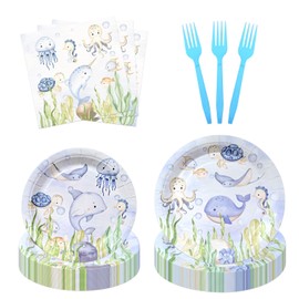 zczsosomo 108 Pcs Undersea Plates Napkins and Forks Dinnerware Set Undersea Theme Party Tableware Supplies Cute Ocean Animals Disposable Dinnerware Birthday Baby Shower Kids Party Decoration Serve 27