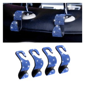 Bling Car Seat Headrest Hooks, 4PCS Handcrafted Rhinestones Seat Hanger Organizer for Handbag Purse Scarf, Universal for Cars, Auto Interior Accessories for Women Men (Blue)
