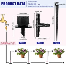 VooGenzek 120 PCS 1/4 Inch Automatic Drip Irrigation Kit, 40 Adjustable Micro Dripper + 40 Tee-Connector + 40 Drip Support Stake for 4/7mm Hose Watering System, for Garden, Lawn, Greenhouse, Black