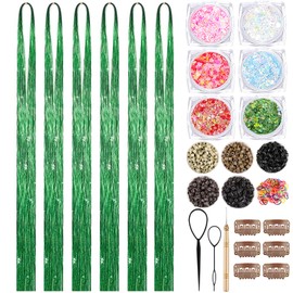 Green Hair Tinsel Kit With Body Glitter 48 Inch 3000 Strands Glitter Tinsel Hair Extensions With Tools Fairy Hair Accessories, Suitable for Festivals and Daily Use (Green Hair Tinsel Kit)
