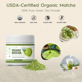 MatchAiA Premium Ceremonial Grade, USDA-Certified Organic Matcha, 100% Pure Green Tea Powder, First Spring Harvest, Sugar Free, Gluten Free (40g / 1.4oz Tin Can)