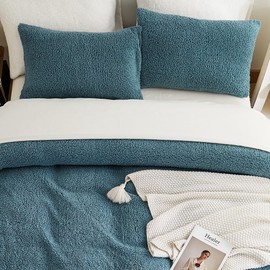 Nayoroom Sherpa Fleece Bed Linen Set 135 x 200 cm Blue Winter Warm Cashmere Touch Duvet Cover Super Soft Fluffy Flannel Winter Bed Linen with Zip Pillowcase 80 x 80 cm