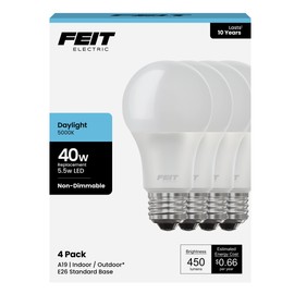 Feit Electric A450/850/10KLED/4 4-Pack 40W Equivalent 5.5 Watt Non-Dimmable A19 LED Light Bulbs, 4.4" H x 2.35" D, 5000K Daylight, 4 Piece