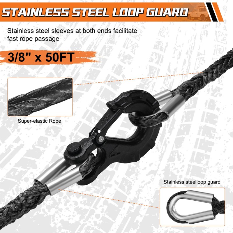 Aomifunny Synthetic Winch Rope Extension, 3/8Inch x 50Ft 26500 Lbs