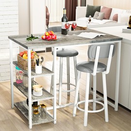 Recaceik Pub Dining Table Set for 2, Table and Bar Stools with 3 Storage Shelves, MDF Board & PU Leather Backrest Chairs, 3 Piece Dining Set for Small Space, Apartment, Kitchen Island, Grey