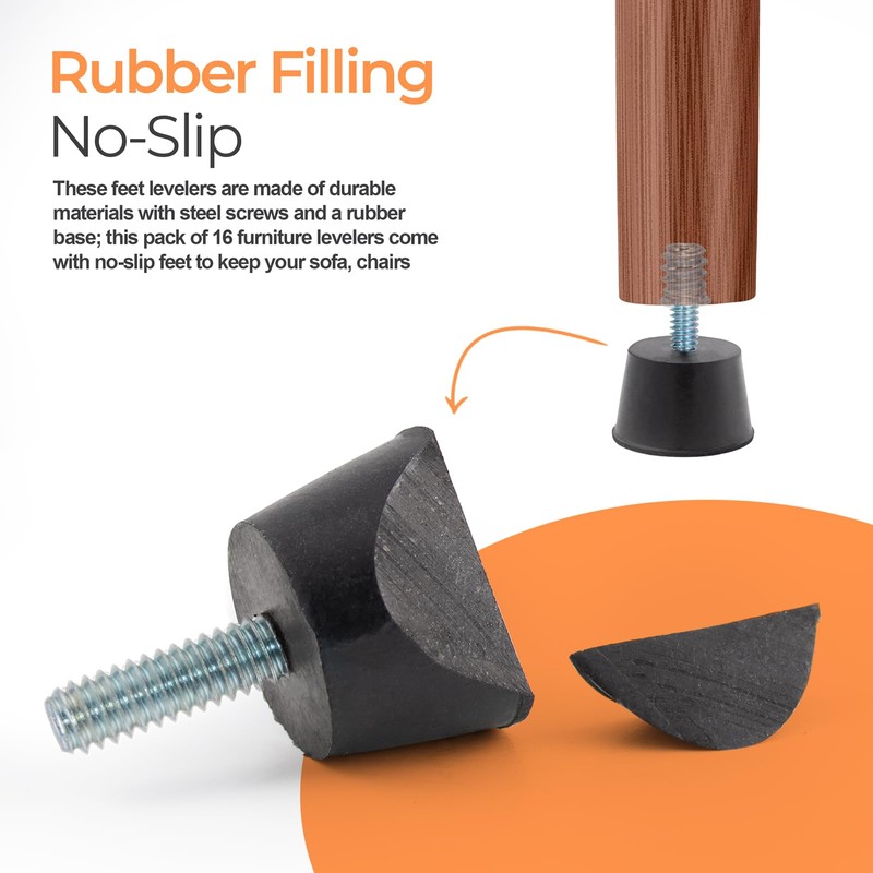 Adjustable 1/4" Rubber Threaded Furniture Levelers - 16 Pack |
