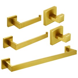 5-Piece Brushed Gold Bathroom Hardware Accessory Set Including 24inch Towel Bar Toilet Paper Holder Towel Holder Robe Hook Premium SUS 304 Stainless Steel Wall Mounted Square Style,Rustproof