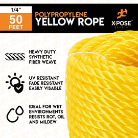 Xpose Safety Yellow Twisted Polypropylene Rope - Floating Poly Pro Cord - Oil Resistant, Moisture, Marine Growth & Chemicals - Reduced Slip, Easy Knot, Flexible (Yellow - Pack of 6, 1/4" x 50')