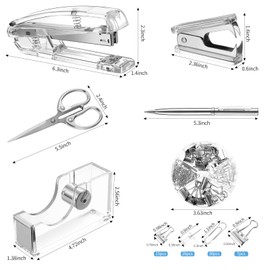 Office Supplies Set Desk Accessory Kit, Acrylic Stapler Set Staple Remover, Tape Dispenser, Binder Clips, Paper Clips, Ballpoint Pen and Scissor with 1000 Pieces 26/6 Staples (Silver)